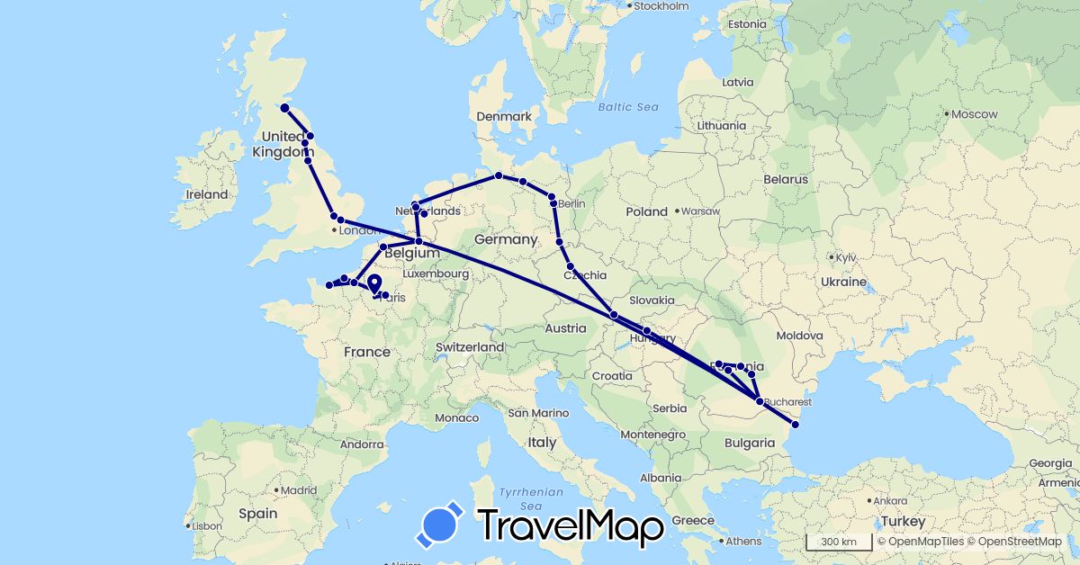TravelMap itinerary: driving in Belgium, Bulgaria, Czech Republic, Germany, France, United Kingdom, Hungary, Netherlands, Romania, Slovakia (Europe)